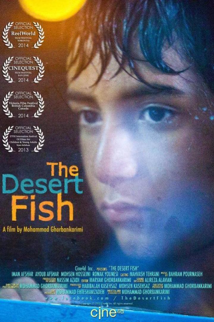 Das Filmplakat für „The Desert Fish“ zeigt das Gesicht eines jungen Mannes.