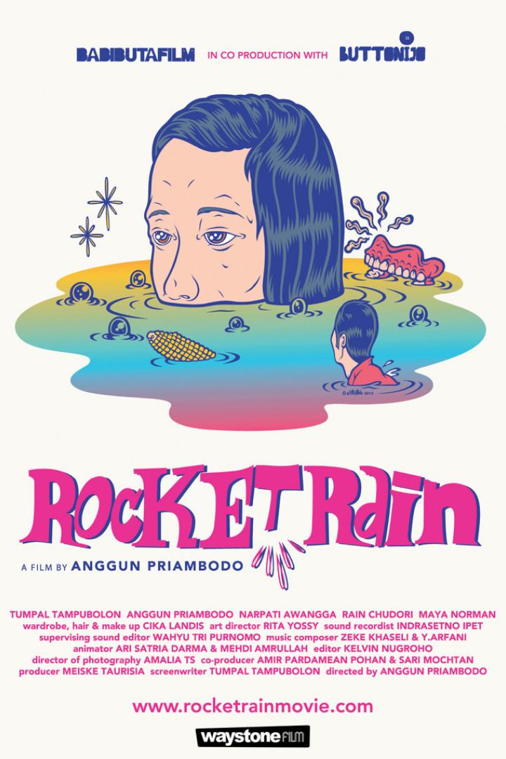 Das surreale Filmplakat für „Rocket Rain“ zeigt einen Kopf im Wasser, umgeben von skurrilen Elementen.