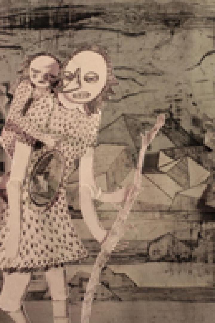 Eine stilisierte Darstellung einer Frau, die ein Kind auf dem Rücken trägt, in einer Waldlandschaft.