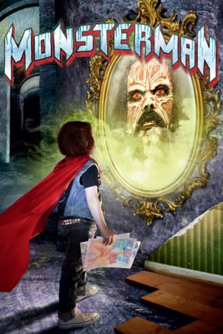 Ein Junge mit rotem Umhang steht vor einem Spiegel, in dem ein Monster zu sehen ist.