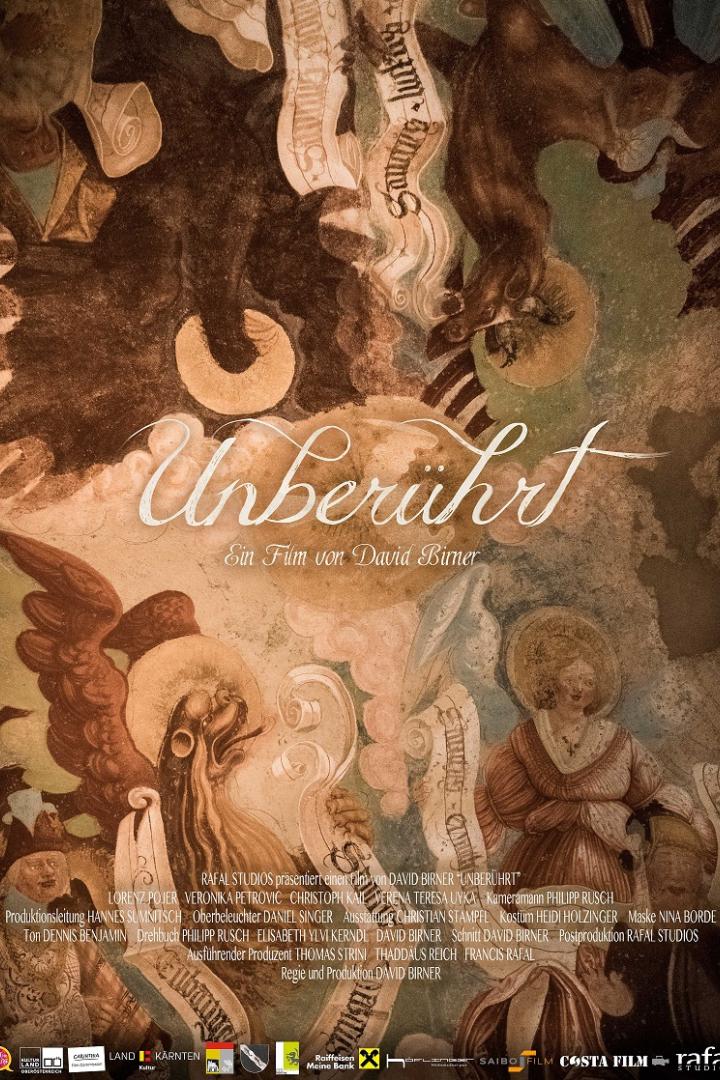 Das Filmplakat für „Unberührt“ zeigt ein Wandgemälde mit religiösen Figuren und Engeln.