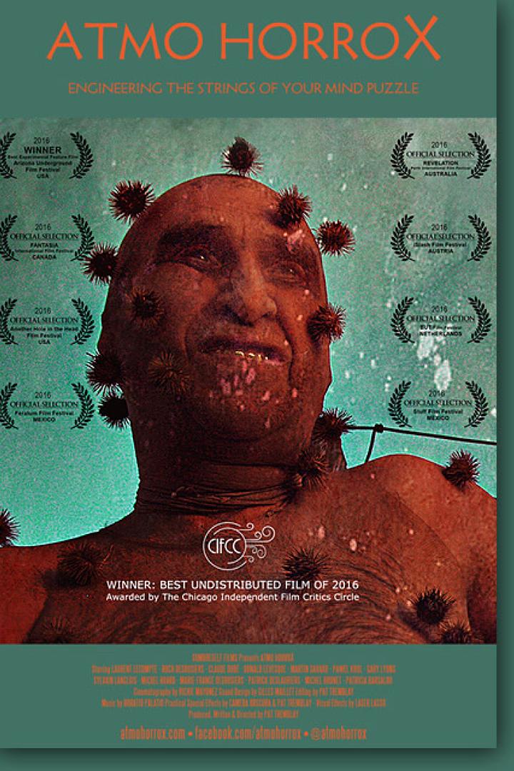 Das Filmplakat für „Atmo Horrox“ zeigt ein Gesicht mit stachelartigen Wucherungen.