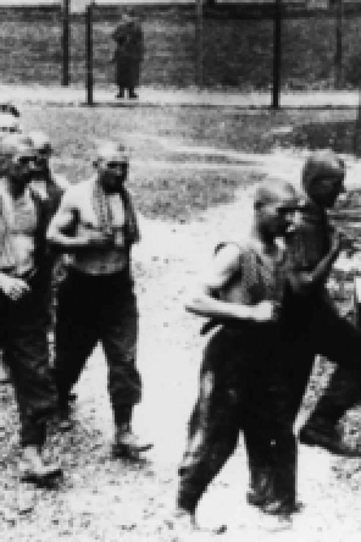 Eine Gruppe kahlgeschorener Männer in gestreifter Kleidung geht in ein Gebäude.