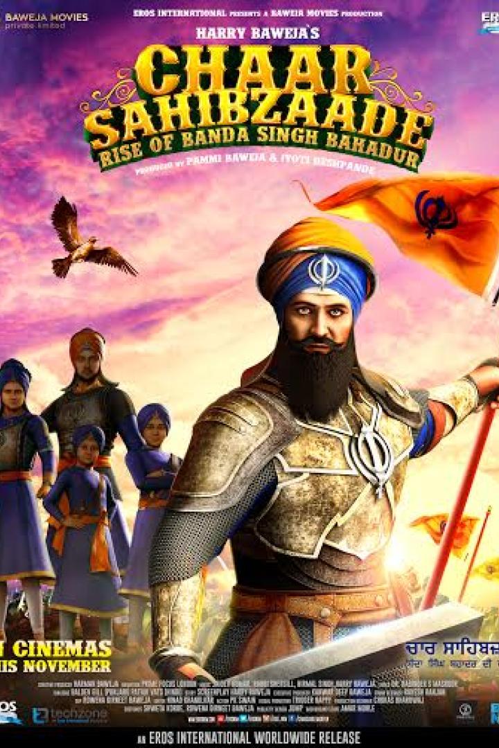 Das Filmplakat für „Chaar Sahibzaade: Rise of Banda Singh Bahadur“ zeigt Krieger mit Flagge.