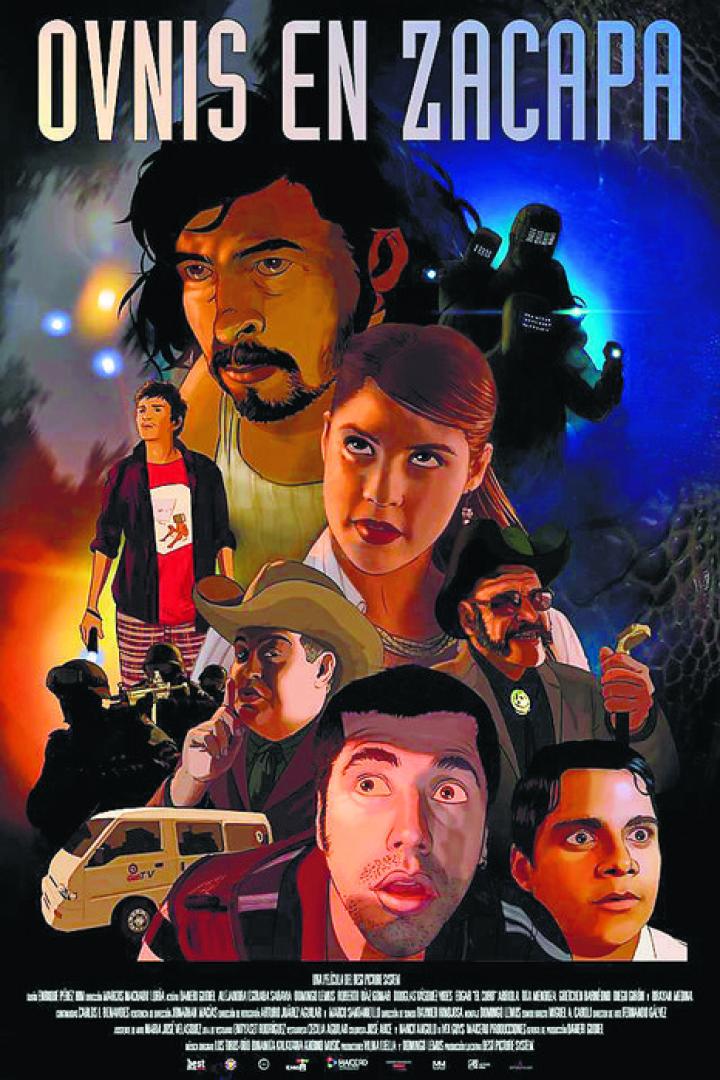 Das Filmplakat für „OVNIS EN ZACAPA“ zeigt eine Collage von Charakteren vor einem dunklen Hintergrund.