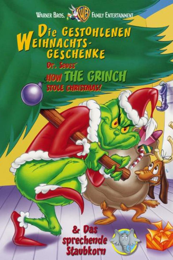 Das Cover des Films „Die gestohlenen Weihnachtsgeschenke“ mit dem Grinch und seinem Hund Max.