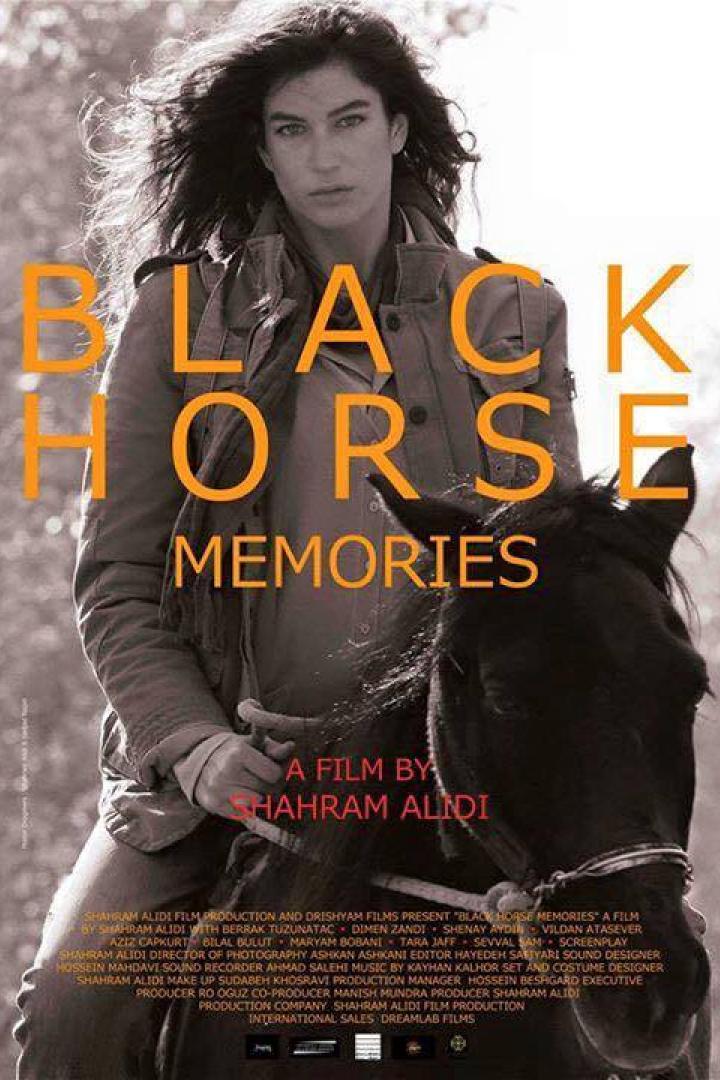 Eine Frau reitet auf einem Pferd; Filmplakat für „Black Horse Memories“.