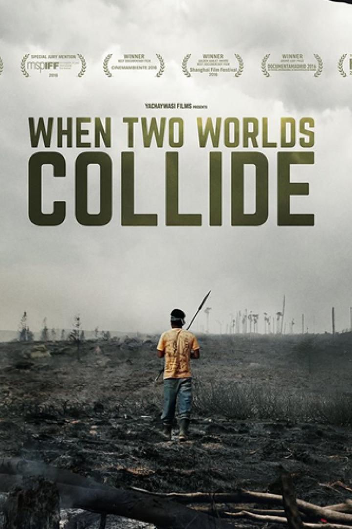 Ein Mann steht in einer zerstörten Landschaft vor dem Titel des Films „When Two Worlds Collide“.