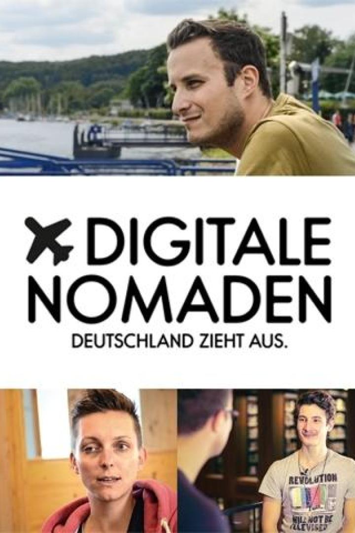 Collage mit dem Titel „Digitale Nomaden – Deutschland zieht aus“ und Porträts von drei Personen.