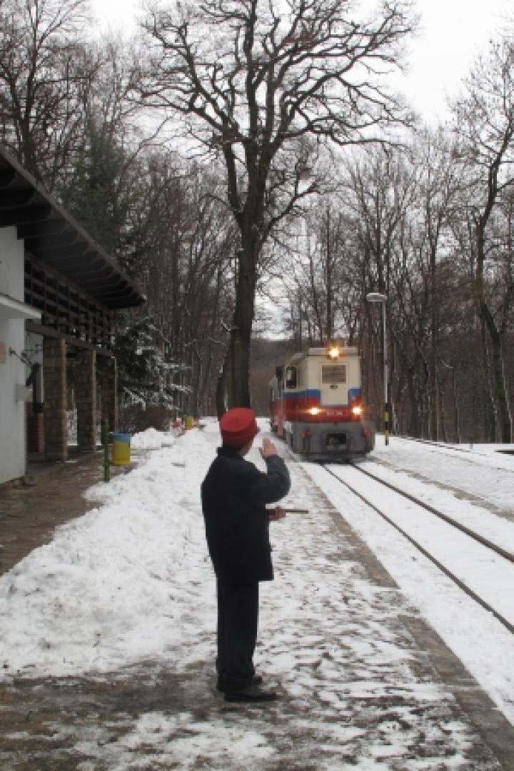 Ein Zug nähert sich dem Bahnhof Virágvölgy im Winter.