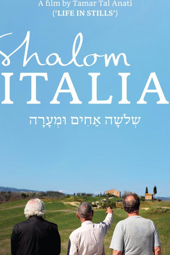 Das Filmplakat für „Shalom Italia“ zeigt drei Männer in der Toskana, Italien.
