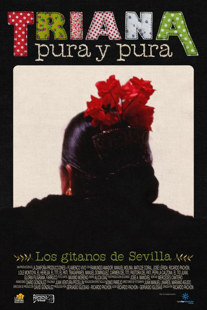 Plakat für „Los gitanos de Sevilla“ mit einer Flamenco-Tänzerin mit roten Blumen im Haar.