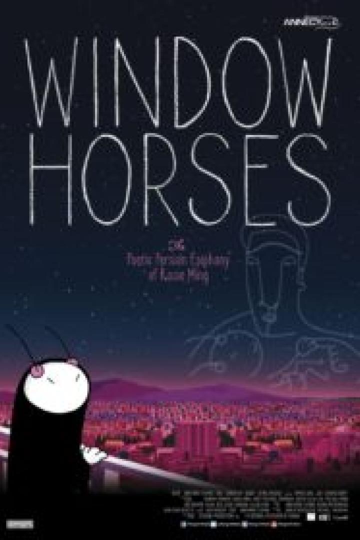Das Filmplakat für „Window Horses“ zeigt eine stilisierte Zeichentrickfigur vor einer Stadtlandschaft.