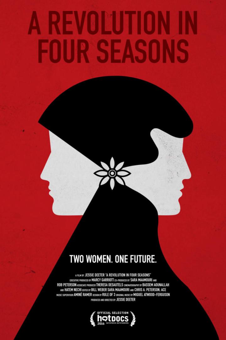 Das Filmplakat für „A Revolution in Four Seasons“ zeigt zwei Frauenprofile in Schwarz und Weiß vor rotem Hintergrund.