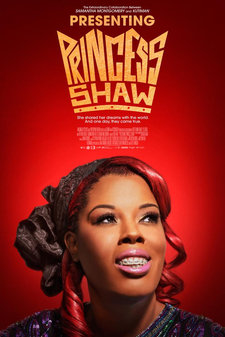 Das Filmplakat für „Presenting Princess Shaw“ zeigt die Sängerin vor einem roten Hintergrund.