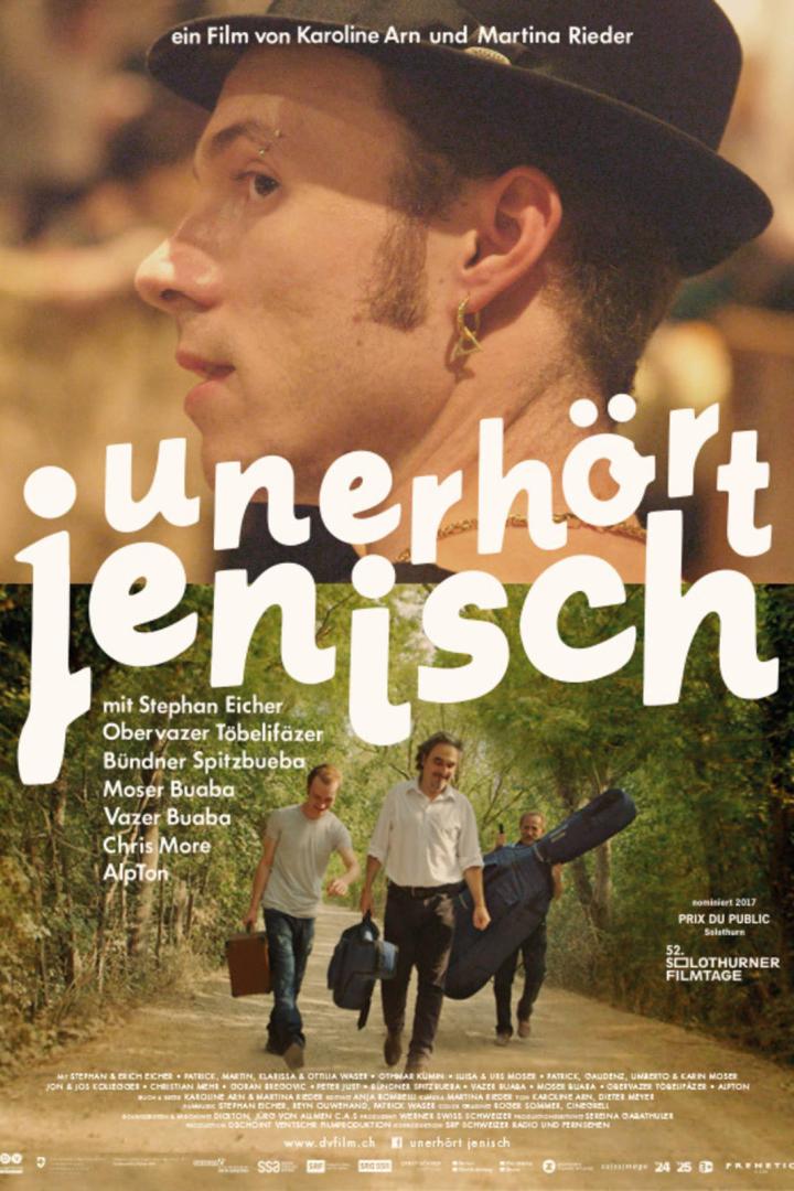 Das Filmplakat für „unerhört jenisch“ zeigt einen Mann mit Hut und drei Musiker auf einem Weg.