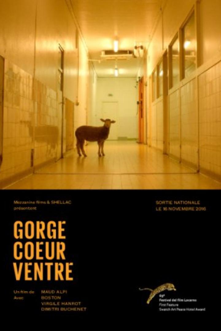 Ein Schaf steht in einem langen, gefliesten Korridor, wie auf einem Filmplakat für „Gorge Coeur Ventre“.