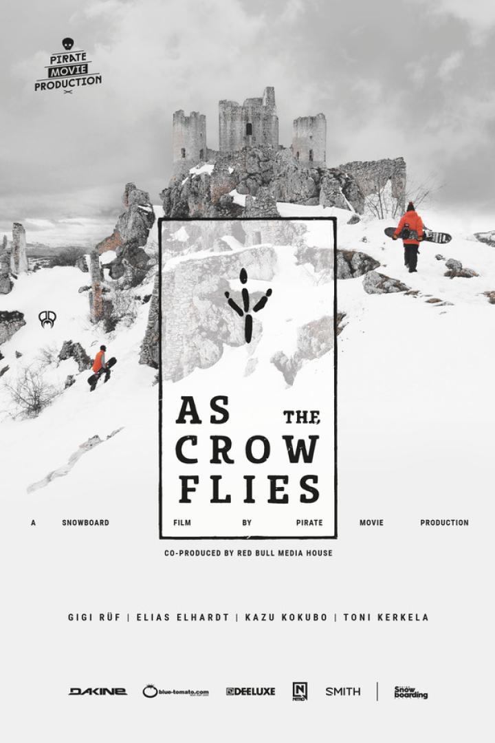 Das Filmplakat für „As the Crow Flies“ zeigt Snowboarder vor einer Burgruine im Schnee.