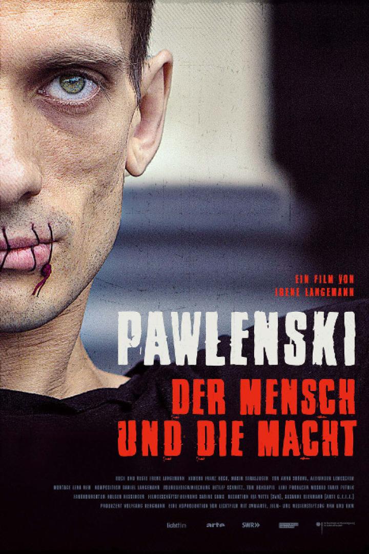 Das Filmplakat für „Pawlenski – Der Mensch und die Macht“ zeigt das Gesicht eines Mannes mit zugenähtem Mund.