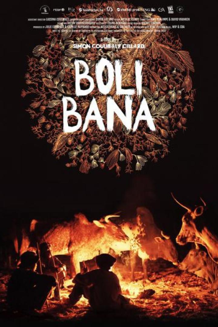 Das Filmplakat für „Boli Bana“ zeigt zwei Männer am Lagerfeuer mit Kühen.