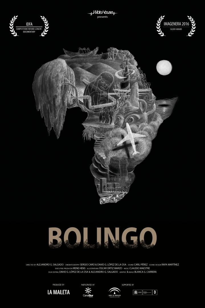 Das Filmplakat für „Bolingo“ zeigt eine Collage von afrikanischen Szenen in Form des Kontinents.