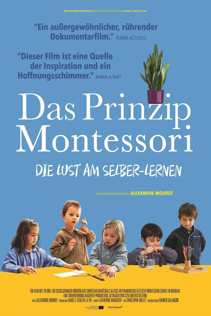 Das Filmplakat für den Dokumentarfilm „Das Prinzip Montessori“ mit spielenden Kindern.