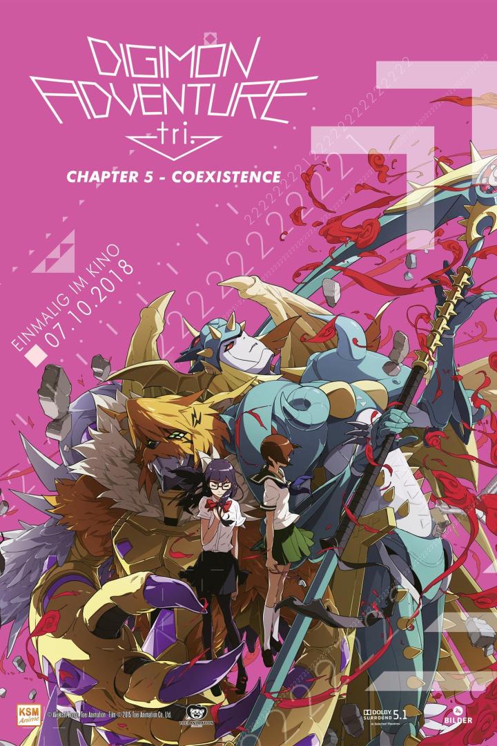 Das Poster für „Digimon Adventure tri. Chapter 5 – Coexistence“ zeigt Digimon und zwei junge Frauen.