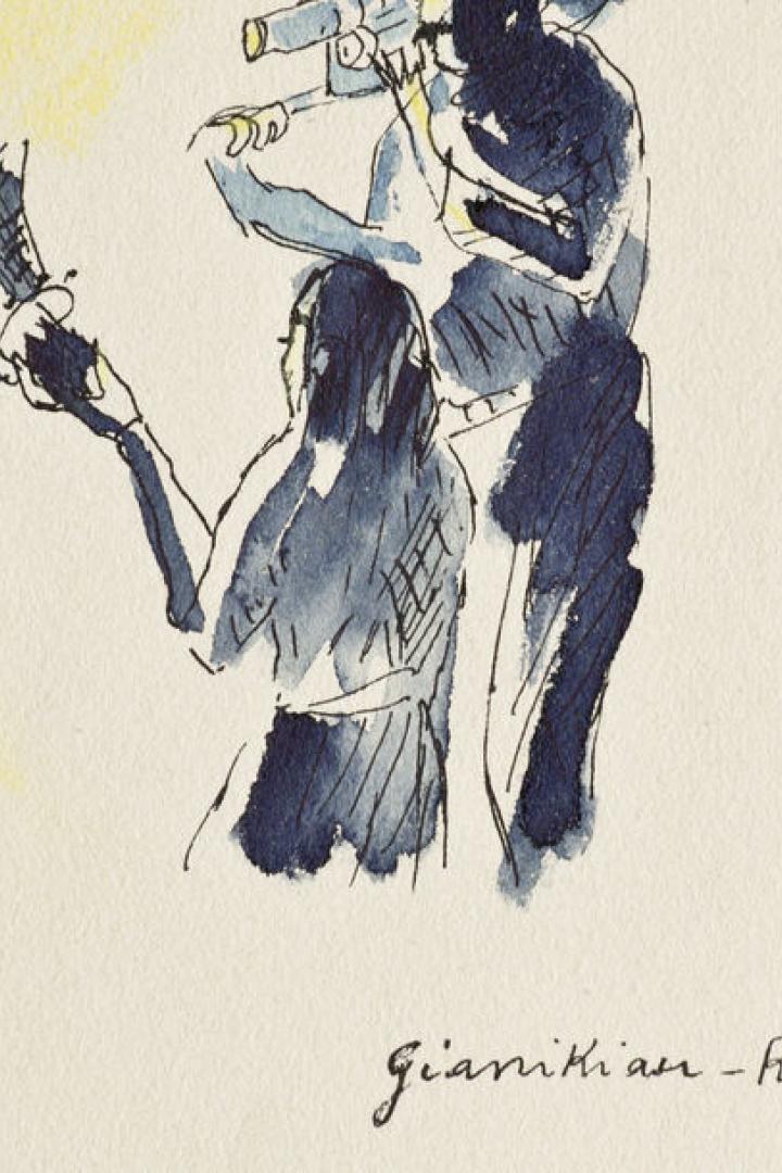 Eine Skizze von zwei Personen, eine mit einer Filmklappe und die andere mit einer Kamera.