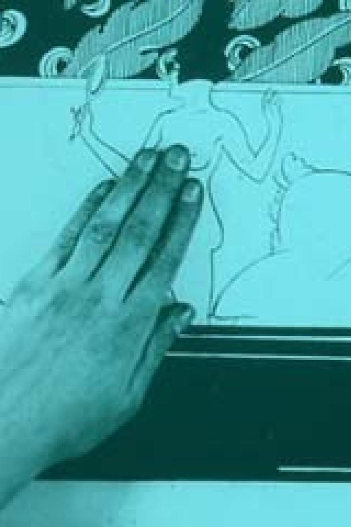 Eine stilisierte Szene mit einer Hand im Vordergrund und einer weiblichen Figur im Hintergrund.