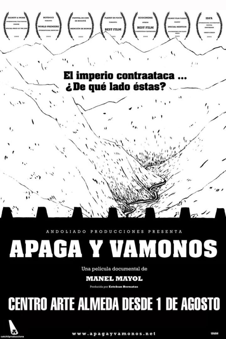 Das Filmplakat für „Apaga y Vamonos“ zeigt eine gezeichnete Berglandschaft.
