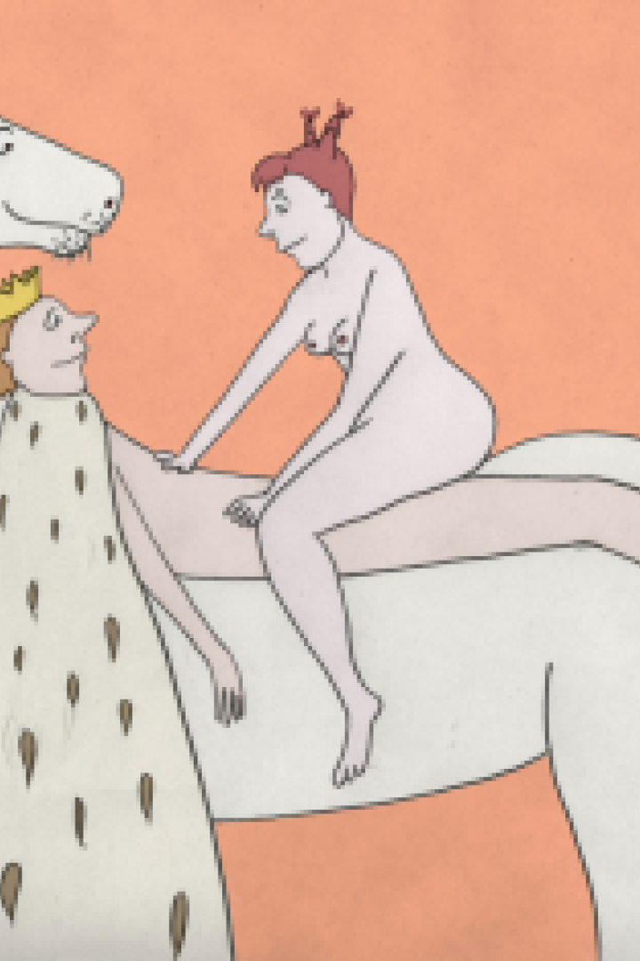 Eine gezeichnete Szene mit einem König, einer nackten Frau auf einem Pferd und dem Pferd selbst.