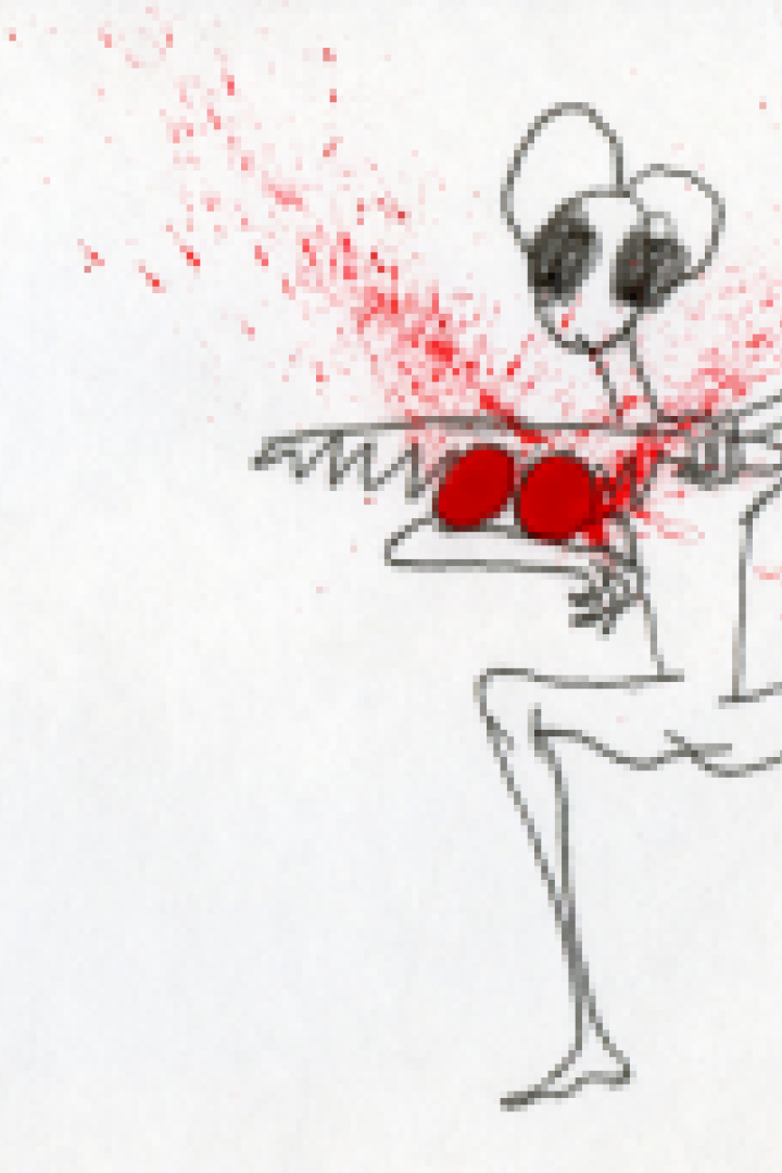 Eine skizzenhafte, dünne Figur mit großen Augen, die von roter Farbe bedeckt ist, die Blut darstellen soll.