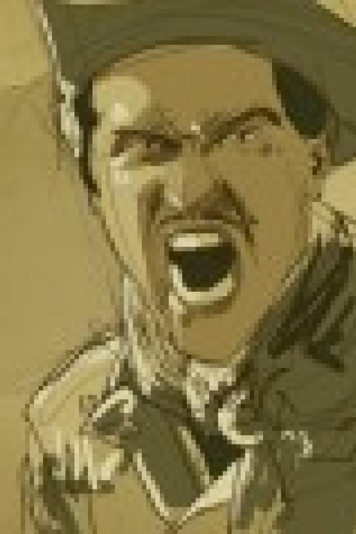 Ein Mann mit Hut und Schnurrbart schreit vor einer tropischen Landschaft.