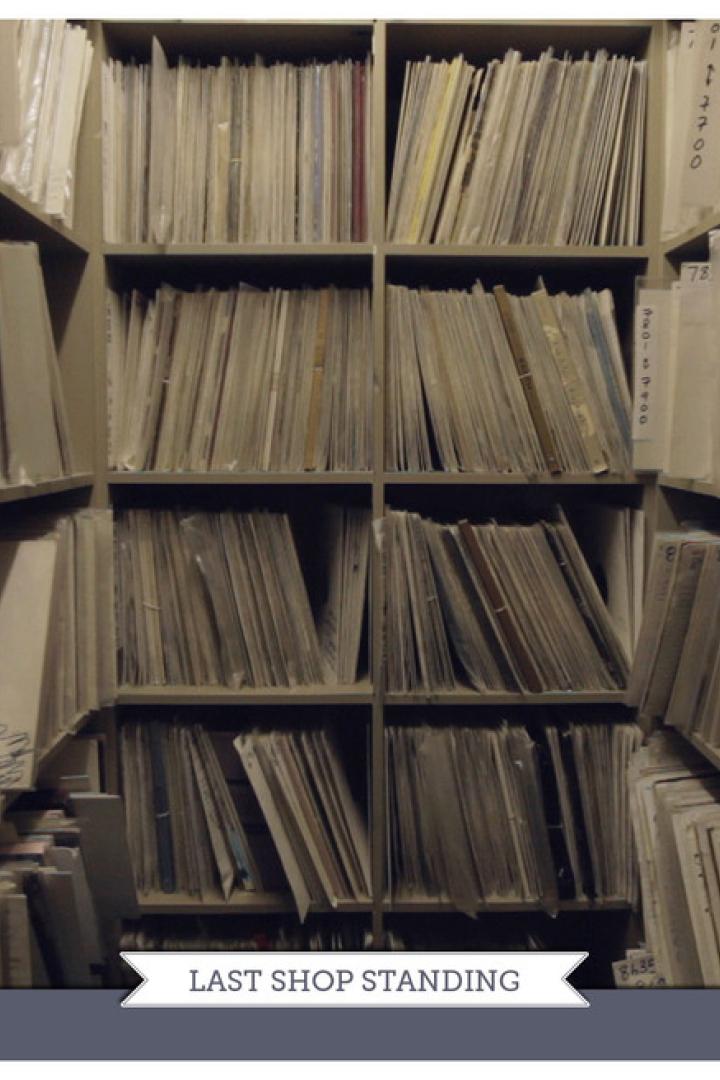Regale voller Schallplatten in einem Geschäft, möglicherweise im Zusammenhang mit dem „Poolinale“ Musikfilmfestival in Wien.