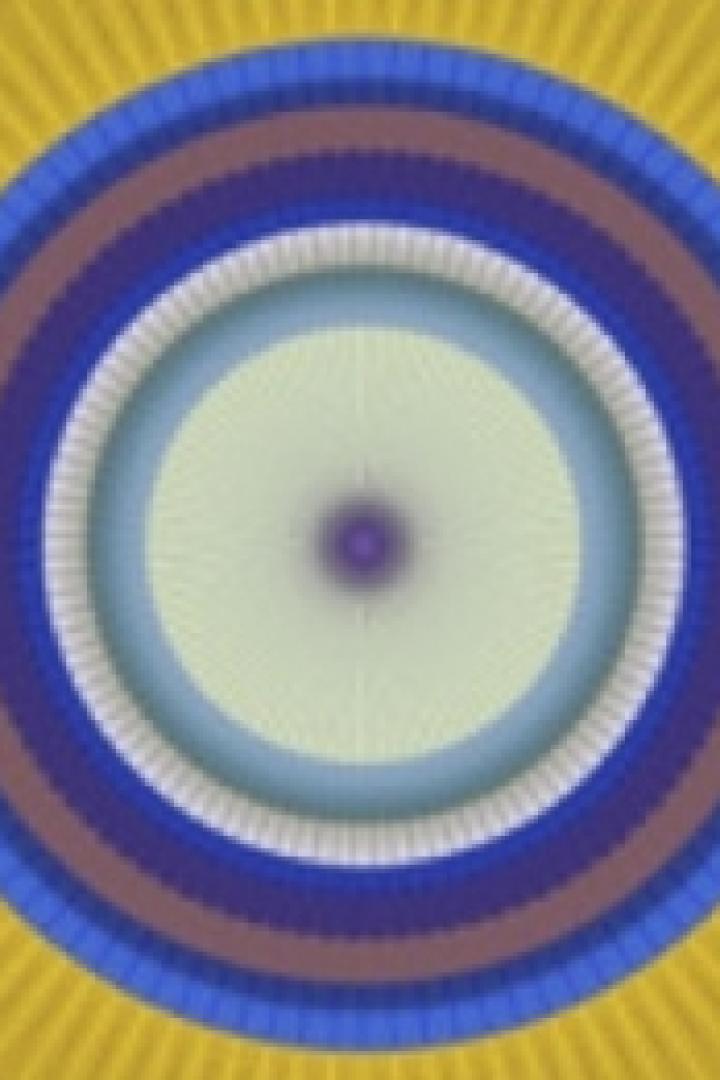 Ein abstraktes, konzentrisches Kreismuster in Gelb, Blau und Weiß.