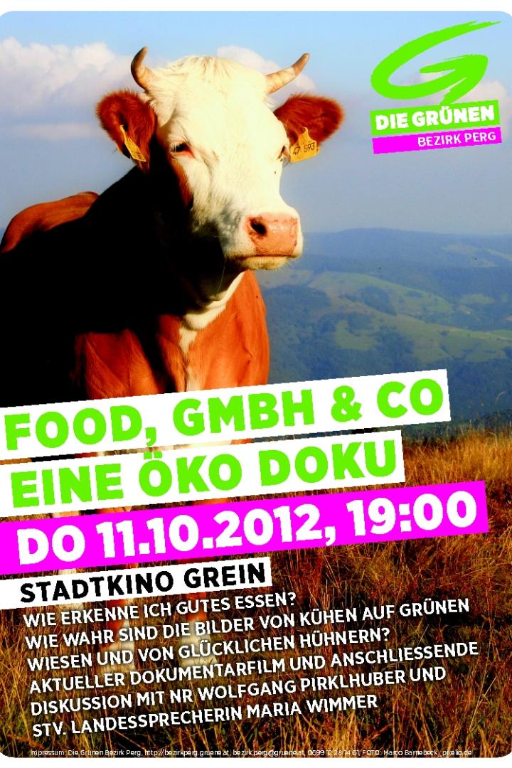 Ein Plakat für eine Öko-Dokumentation mit einer Kuh im Vordergrund und dem Logo der Grünen.