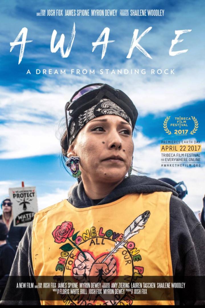 Das Filmplakat für „Awake: A Dream from Standing Rock“ zeigt eine indigene Frau vor einem Himmel.
