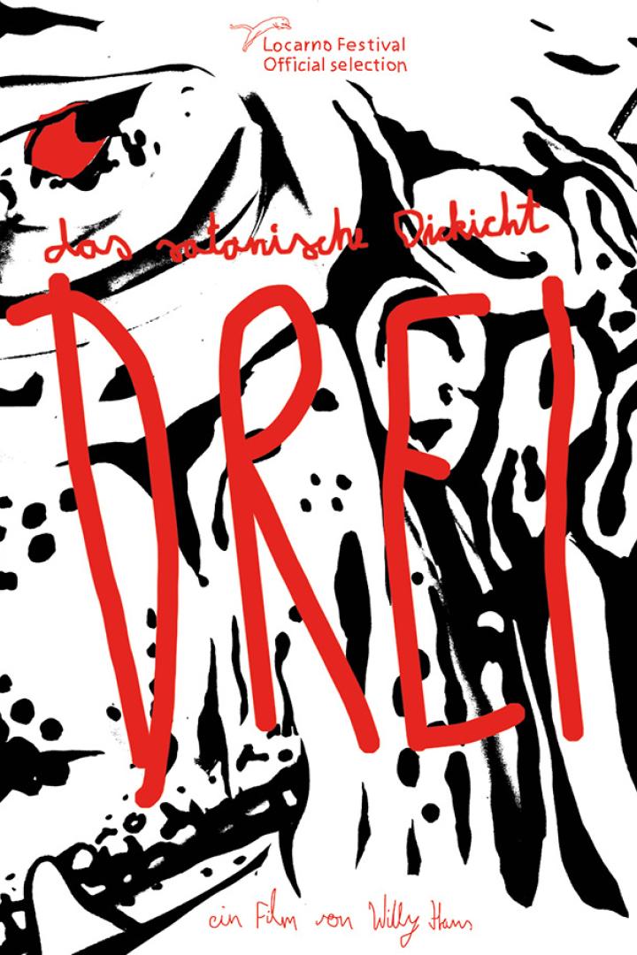 Das Filmplakat für „Drei“ von Willy Hans zeigt ein abstraktes, schwarz-weißes Muster mit dem Titel in roter Schrift.
