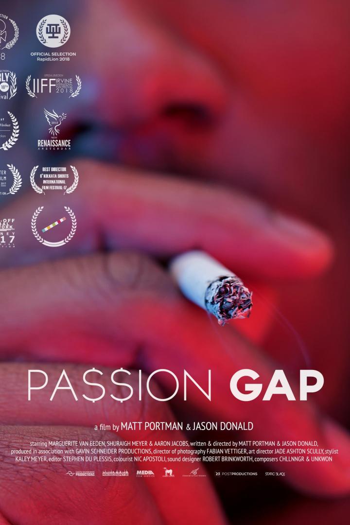 Das Filmplakat für „Passion Gap“ zeigt eine brennende Zigarette vor rotem Hintergrund.