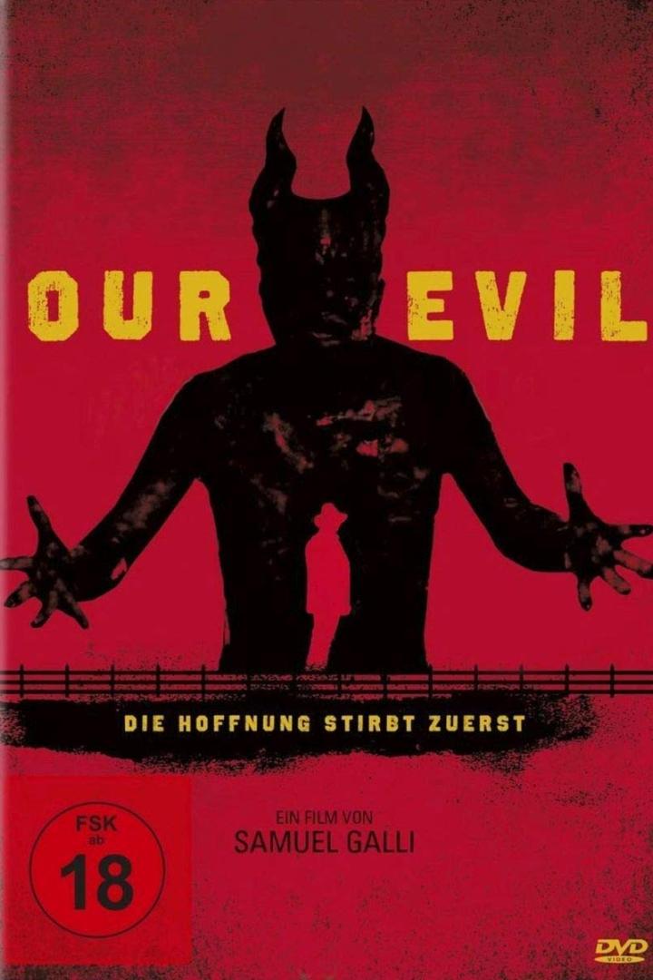 Das Cover des Films „Our Evil“ zeigt eine dunkle Gestalt mit Hörnern auf rotem Grund.