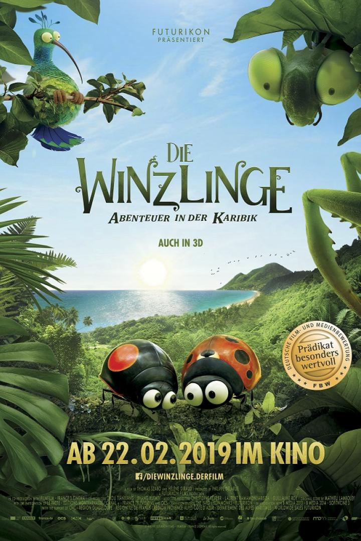 Das Filmplakat für „Die Winzlinge – Abenteuer in der Karibik“ zeigt animierte Insekten vor einer tropischen Insellandschaft.