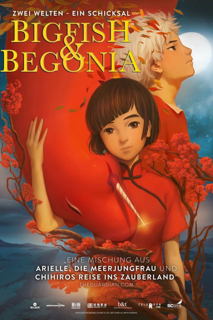 Das Filmplakat für „Big Fish & Begonia“ zeigt zwei junge Figuren und einen roten Fisch vor einem Mondschein-Hintergrund.