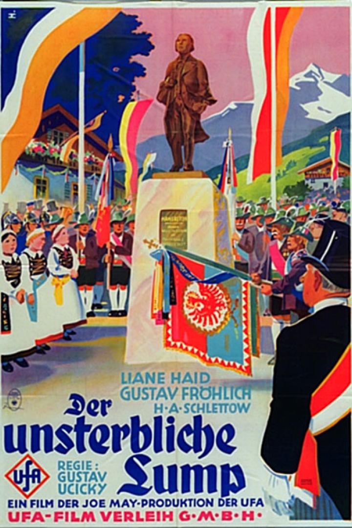 Plakat für den Film „Der unsterbliche Lump“ mit einer Statue und Menschen in Tracht.