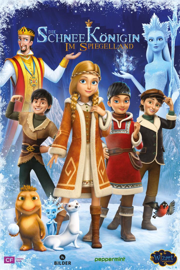 Das Filmplakat für „Die Schneekönigin im Spiegelland“ zeigt die Hauptfiguren vor einem winterlichen Hintergrund.
