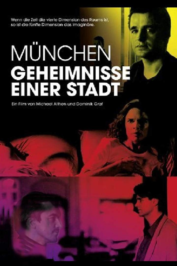 Das Filmplakat für „München Geheimnisse einer Stadt“ zeigt drei Charaktere in verschiedenen Szenen.
