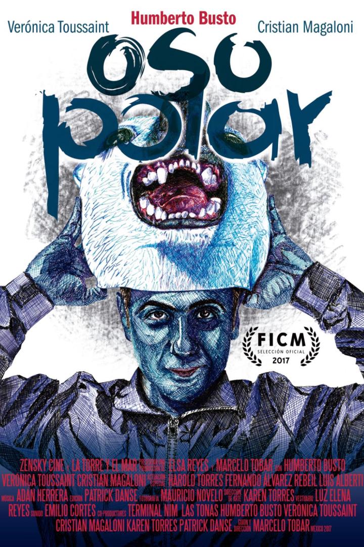 Ein Mann hält eine Bärenmaske in dem Filmplakat für „Oso Polar“.