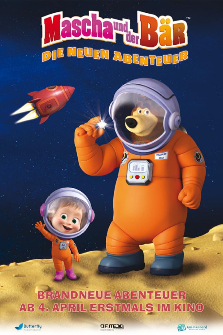 Das Filmplakat zu „Mascha und der Bär: Die neuen Abenteuer“ zeigt Mascha und den Bären im Weltraum.