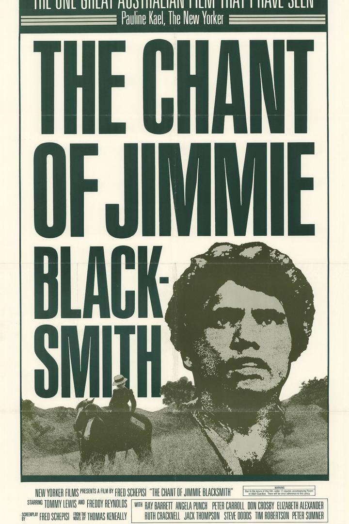 Filmplakat für „The Chant of Jimmie Blacksmith“ mit einem Porträt des Protagonisten und einer Reiterszene.