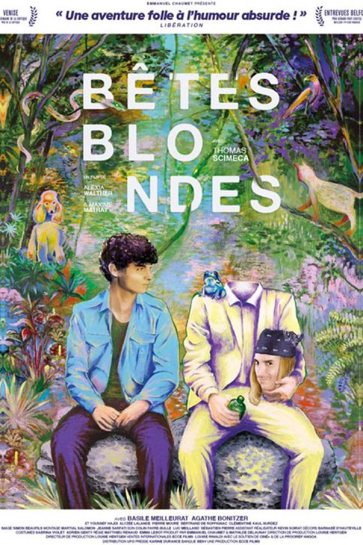 Das Filmplakat für „Bêtes Blondes“ zeigt zwei Männer vor einem psychedelischen Hintergrund.