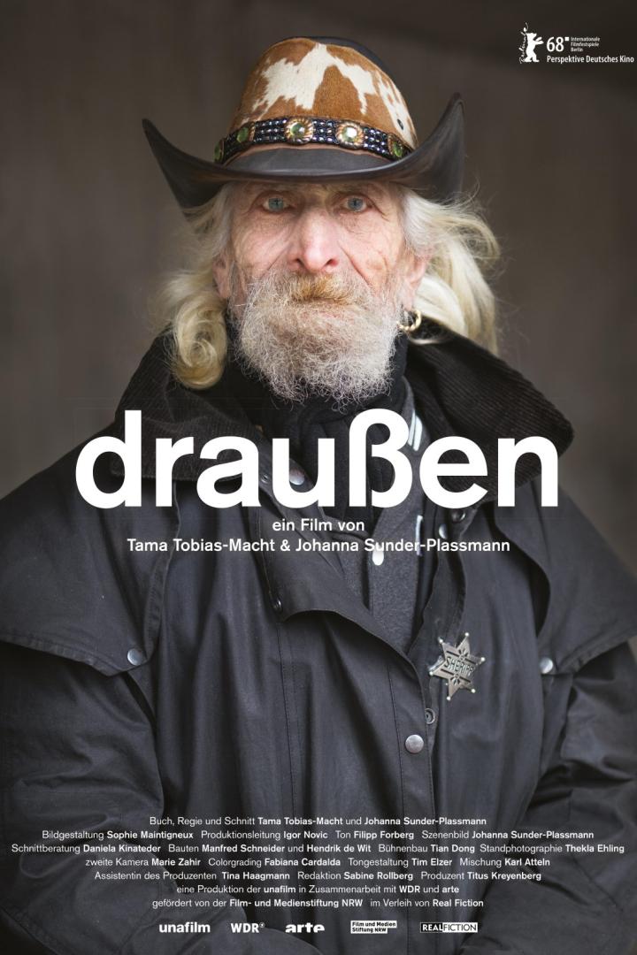 Das Filmplakat für „draußen“ zeigt einen älteren Mann mit Cowboyhut und Sheriffstern.